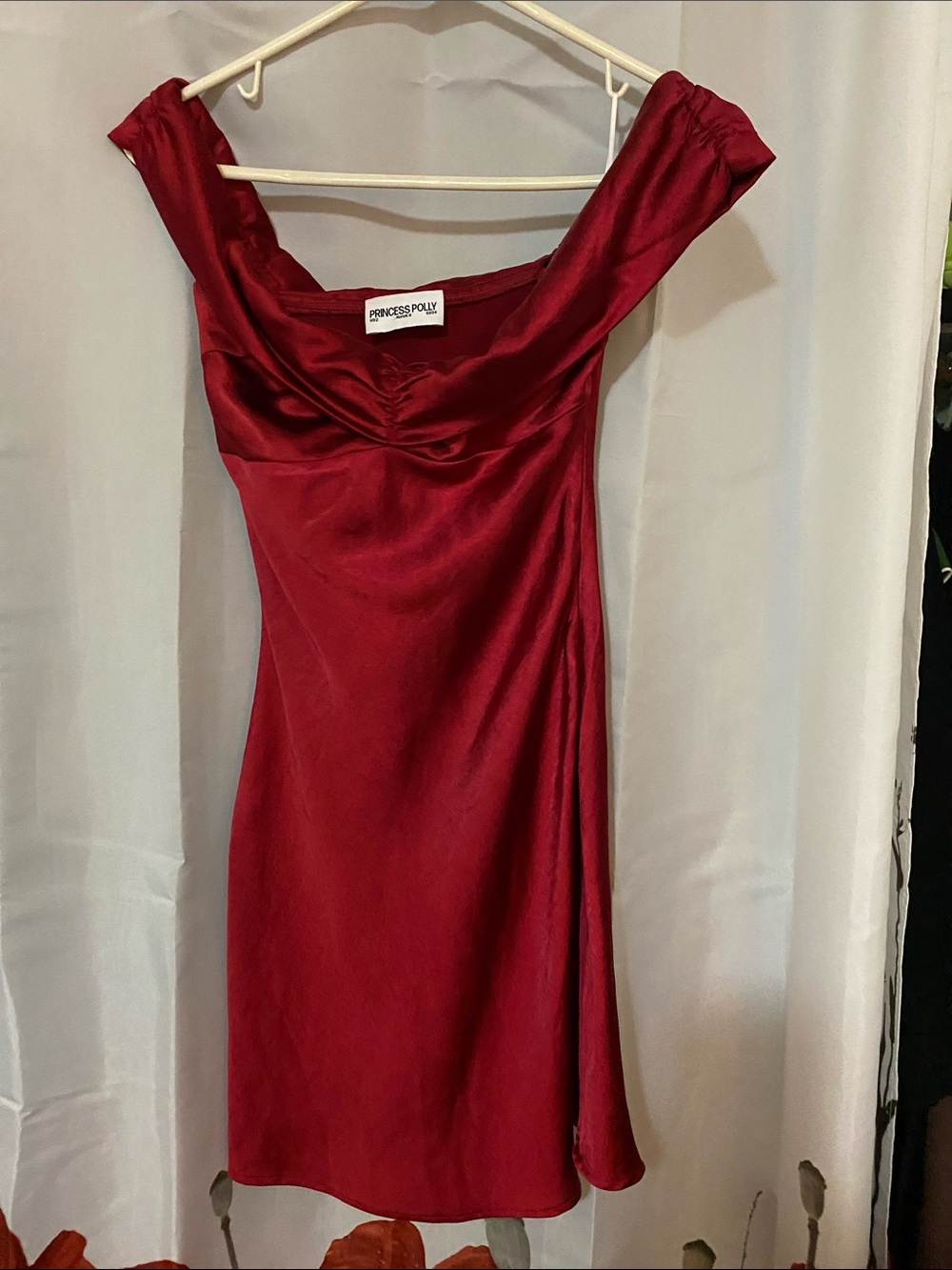 Princess Polly Red Satin Off-Shoulder Mini Hoco Dress
